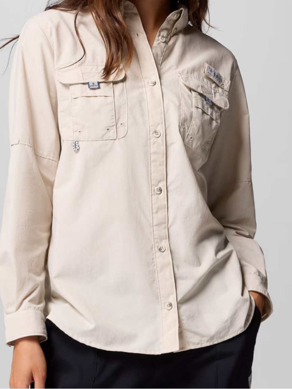 Columbia PFG Women's Bahama II Long Sleeve Roll Tab Utility Shirt Vented Tan Med